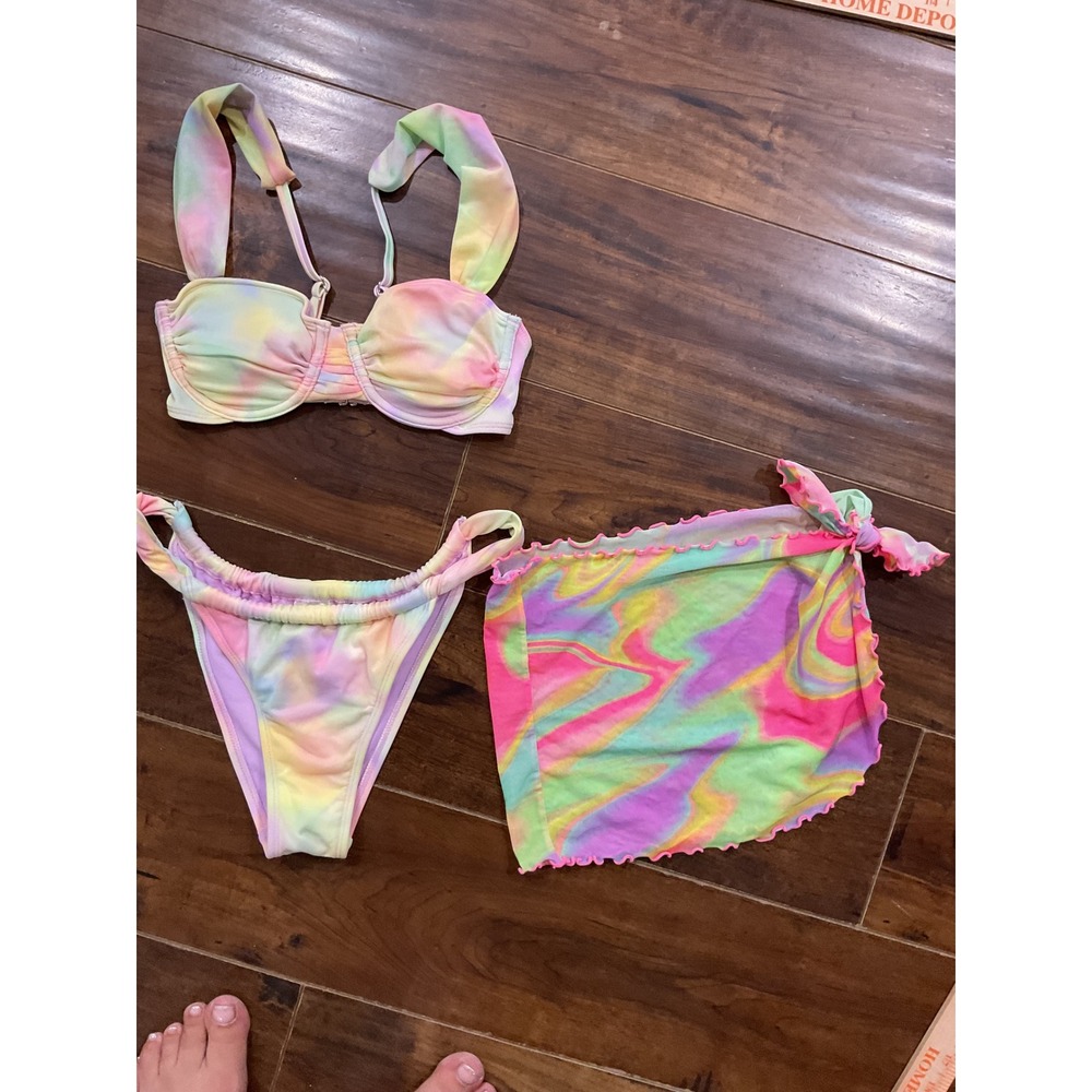 Wild Fable Tie Dye 3 Piece Bikini Set with Mesh Sarong Skirt Pastel XXS XS